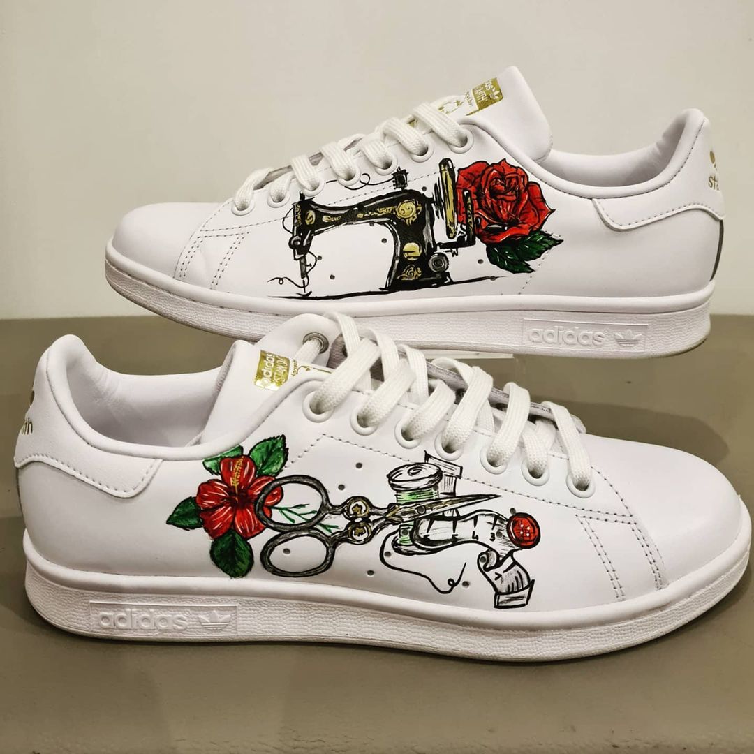 Custom Sewist Design Stan Smith Shoes - Hand Painted Antique Sewing Machine Sneakers