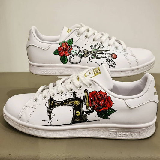 Custom Sewist Design Stan Smith Shoes - Hand Painted Antique Sewing Machine Sneakers