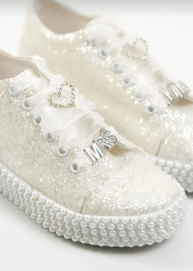 Wedding Bride Shoes with Silver Name Shoelace Charm Personalized Shinny Pearly Bridal Sneakers