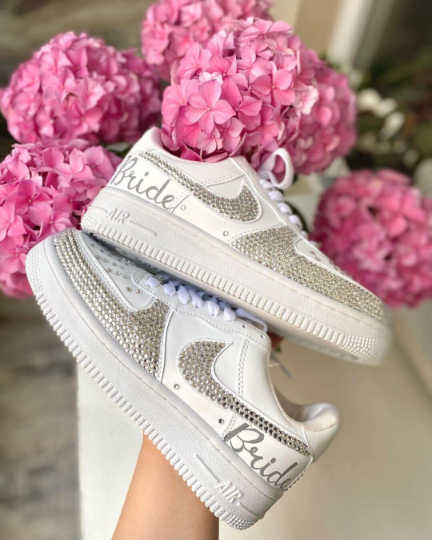 Custom Bling Bride Air Force 1 Shoes with Hand Crafted Gemstone Swooshes and Hand Written Name Personalization