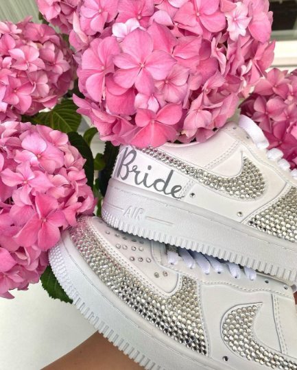 Custom Bling Bride Air Force 1 Shoes with Hand Crafted Gemstone Swooshes and Hand Written Name Personalization