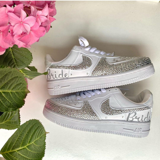 Custom Bling Bride Air Force 1 Shoes with Hand Crafted Gemstone Swooshes and Hand Written Name Personalization