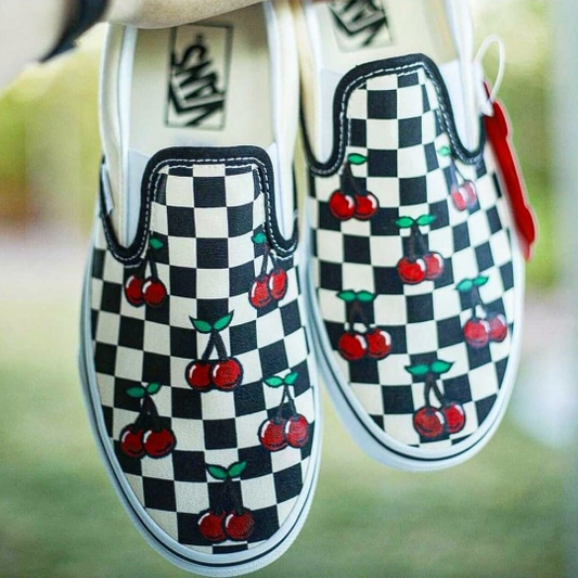 Custom Cherry Painted Checkered Vans Shoes