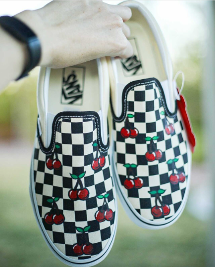 Custom Cherry Painted Checkered Vans Shoes