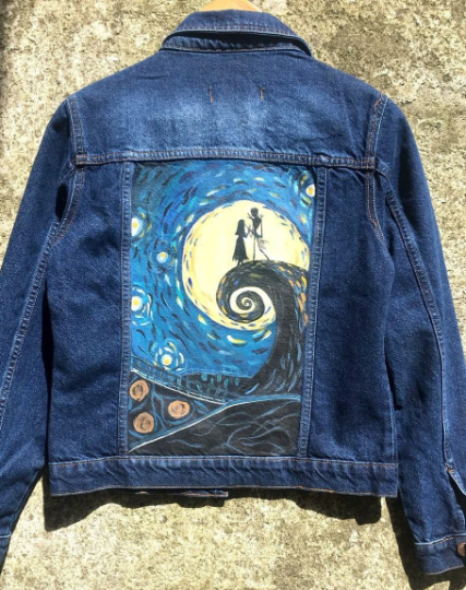 Hand-Drawn The Nightmare Before Christmas Themed Starry Night Painting Jean Jacket - Customizable Street Artwear