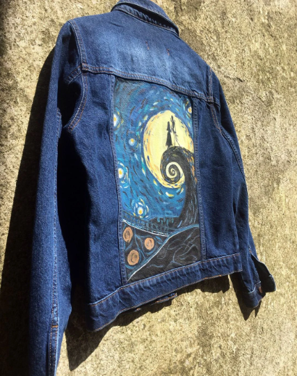 Hand-Drawn The Nightmare Before Christmas Themed Starry Night Painting Jean Jacket - Customizable Street Artwear