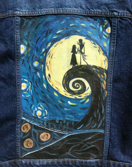 Hand-Drawn The Nightmare Before Christmas Themed Starry Night Painting Jean Jacket - Customizable Street Artwear