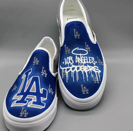 Hand Painted Vans Slip on Los Angeles Dodgers Team Sneakers | Personalized Baseball Theme Shoes