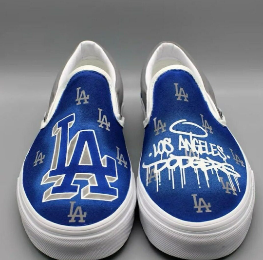 Hand Painted Vans Slip on Los Angeles Dodgers Team Sneakers | Personalized Baseball Theme Shoes