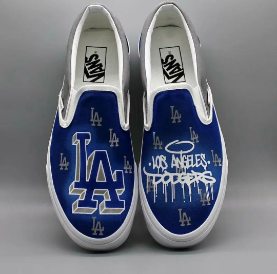 Hand Painted Vans Slip on Los Angeles Dodgers Team Sneakers | Personalized Baseball Theme Shoes