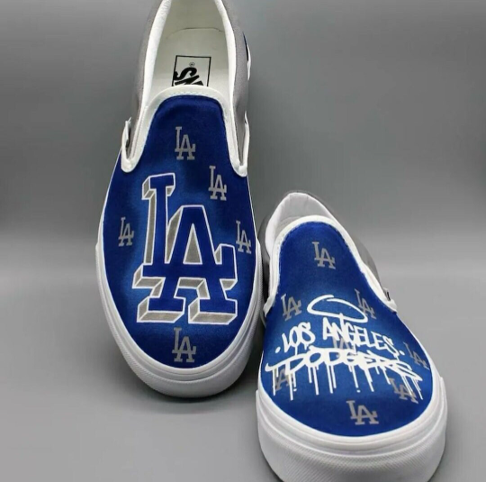 Hand Painted Vans Slip on Los Angeles Dodgers Team Sneakers | Personalized Baseball Theme Shoes