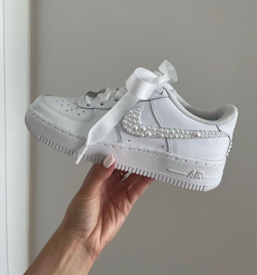 Custom AF1 Wedding Sneakers for Bride - Pearl Bride Shoes and Hand-Crafted Women Footwear - Wedding Date Keepsake with Satin Ribbon Shoelace