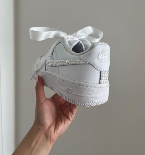 Custom AF1 Wedding Sneakers for Bride - Pearl Bride Shoes and Hand-Crafted Women Footwear - Wedding Date Keepsake with Satin Ribbon Shoelace