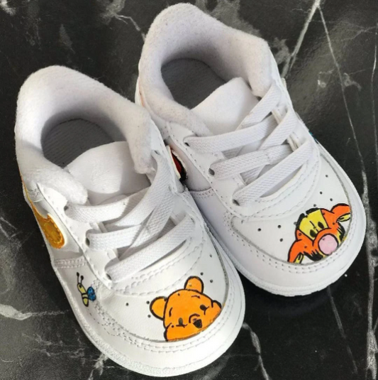 Hand Painted Disney Winnie the Pooh Custom Air Force 1 Winnie and Tiger Design Shoes Baby, Toddler, and Kids Sneakers