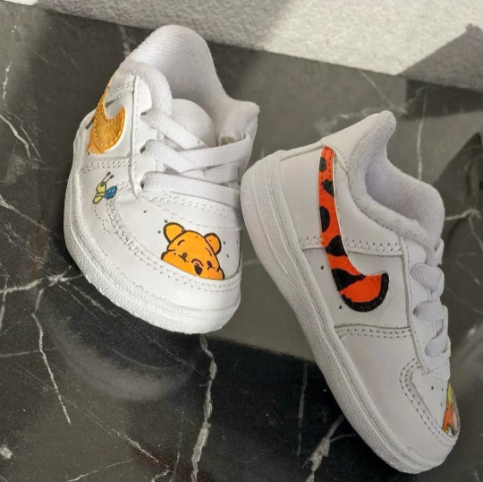 Hand Painted Disney Winnie the Pooh Custom Air Force 1 Winnie and Tiger Design Shoes Baby, Toddler, and Kids Sneakers